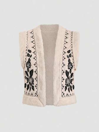 Sweetra Floral Embroidered Thicken Sleeveless Jacket, Autumn Winter
