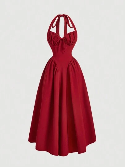 SHEIN MOD Plus Size Women's Halter Neck Ruched Bow Swing Dress, Red Color Party Women Outfits,Masquerade Ball Dress,Birthday Women Outfits,Sexy Red Dress,Dress With Bow Dress Women Maxi Dress Prom Dresses For Woman Women Formal Vintage Dresses For Woman Party Dresses For Women Women Cocktail Dresses Party Dresses For Women Women Formal Milkmaid Dress,Corset Dress,Valentine Outfits