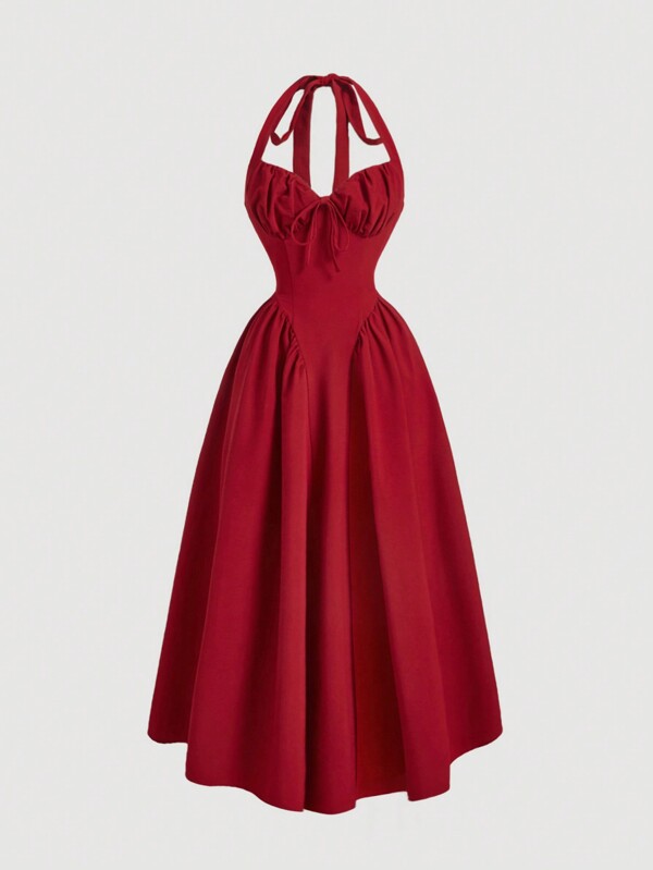 SHEIN MOD Women's Halter Neck Ruched Bow Swing Dress, Red Color Party Women Outfits,New Years Eve Outfit,Masquerade Ball Dress,Birthday Women Outfits,Sexy Red Dress,Dress With Bow Dress,Princess Women Dress For New Year