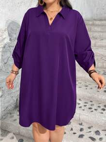SHEIN CURVE+ CURVE PLUS Plus Size Women Purple Autumn Casual Lougewear Long Sleeve Shirt Collar Dress,Autumn Outfits For Women - Purple - View 3