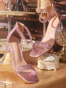 CUCCOO TILAWA Women's Fashion Crystal High Heel Glass Rhinestone Decor High Heel Sandals, Suitable For Going Out, Banquets & Events Spring Shoes Spring Break Easter Prom Heels - Pink - View 3