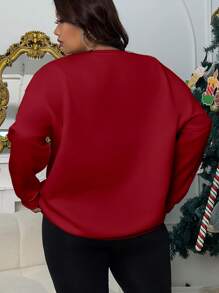 INAWLY Plus Feather Print Drop Shoulder Sweatshirt, Winter Pullover Fall Autumn - Burgundy - View 2