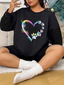 INAWLY Áo nỉ hở vai in hình trái tim và hoa, cho mùa đông - màu đen - Xem 4