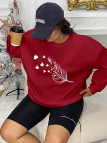 INAWLY Plus Feather Print Drop Shoulder Sweatshirt, Winter Pullover Fall Autumn - Burgundy - View 6