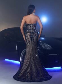 Glamrae 优雅露肩领口奢华手工美人鱼尾下摆晚礼服、婚礼宾客礼服、派对礼服、正式礼服 - 黑色 - 查看 4