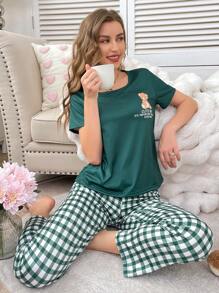 Plaid Bear Print Pajama Set, Casual And Fashionable For Daily Wear
