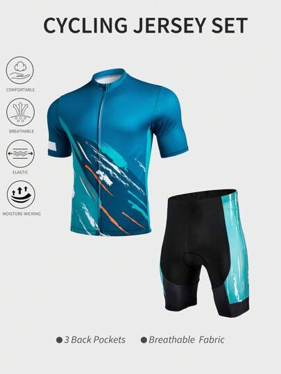 Manfinity Sport Corelite Green Striped Short Sleeve Zipper Jacket And Fitted Shorts Cycling Outfit