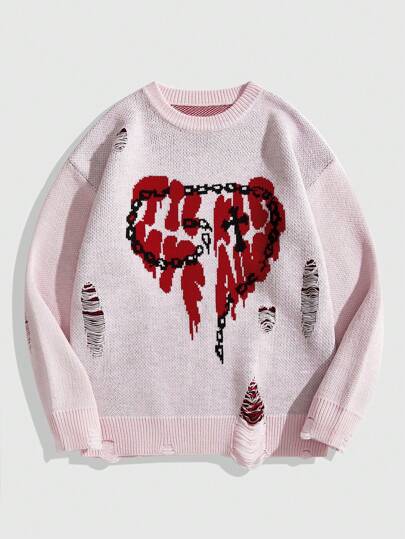 Street Life Valentine/Love/Couples/Heart/XOXO/Kisses/Hugs And Kisses/Be Mine/Babe/Baby/Kiss/Lip/Heart/Cupid/Angel/Rose/Smile/Butterfly/Cherry/Strawberry/3D Rose/Flower/Bow Print Couple Vintage Loose Fit Sweater, Casual Knitted Pullover Top For Men, Winter