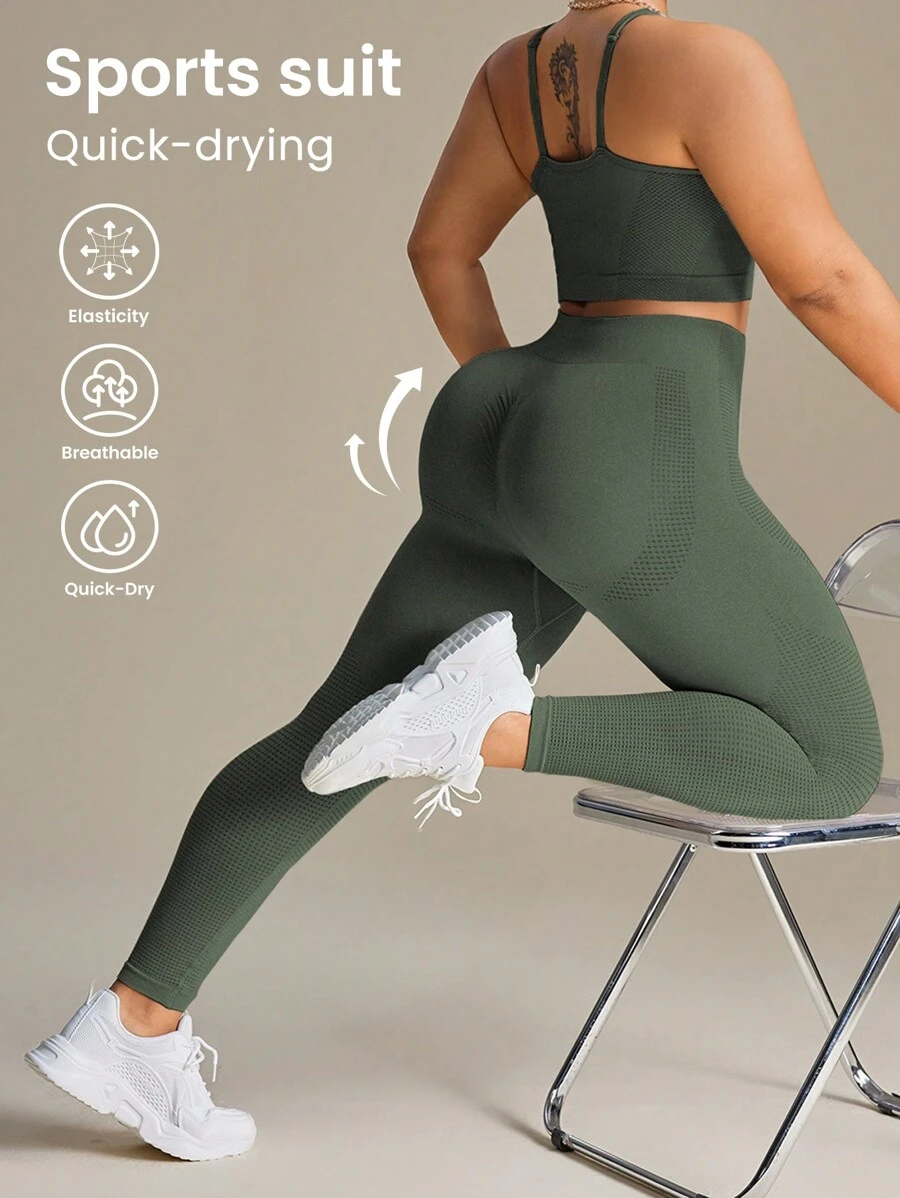 SHEIN Rhythm Era Women Plus Size Solid Color Spaghetti Strap Simple Top And Long Pants Seamless Set Workout Women Set