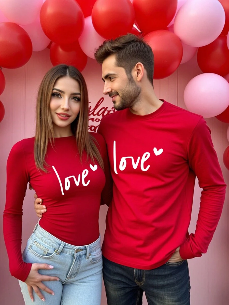 Manfinity Homme Men's Autumn Letter And Heart Print Round Neck Long Sleeve Casual T-Shirt For Valentine's Day - Red - View 1