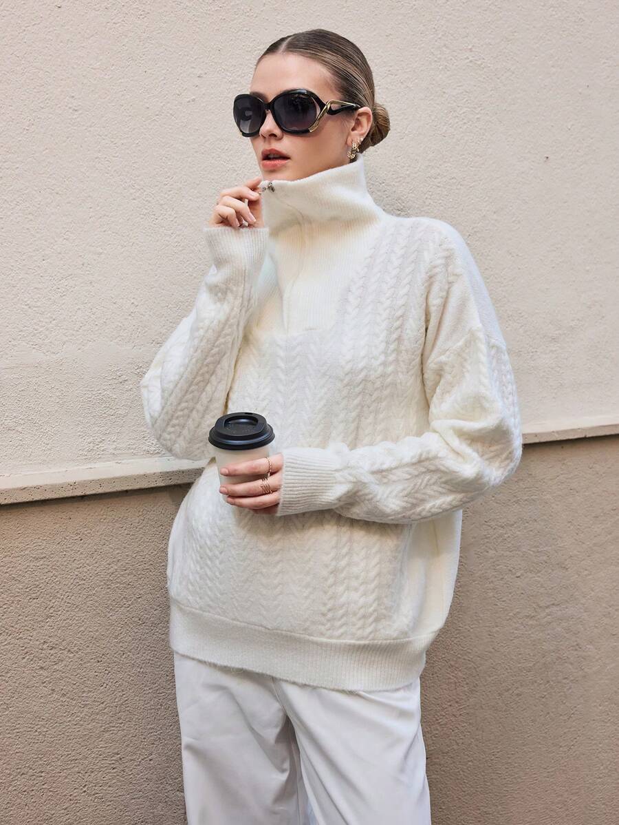 EURMUSE Women Solid Color Textured Knit Zipper Neck Pullover - White - View 1