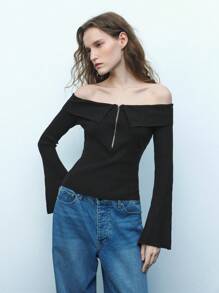 Maija 女士黑色露肩镂空金属拉链喇叭袖优雅时尚性感休闲节日短款毛衣上衣节日 - 黑色 - 查看 5