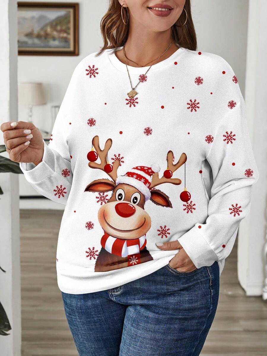 EMERY ROSE Sweatshirt ample à col ras du cou à manches longues, style casual, motif renne et flocon de neige, pour femmes grande taille, automne/hiver