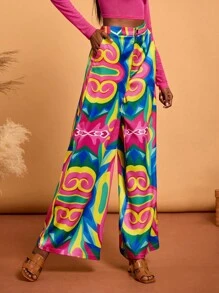 Abeille Creations Designer Boho Bohemian Women Multi-Color Wide-Leg Colorful All-Over Printed Satin Pants Spring Vacation, Going Out, Festival, Ibiza Fits - Multicolor - View 3