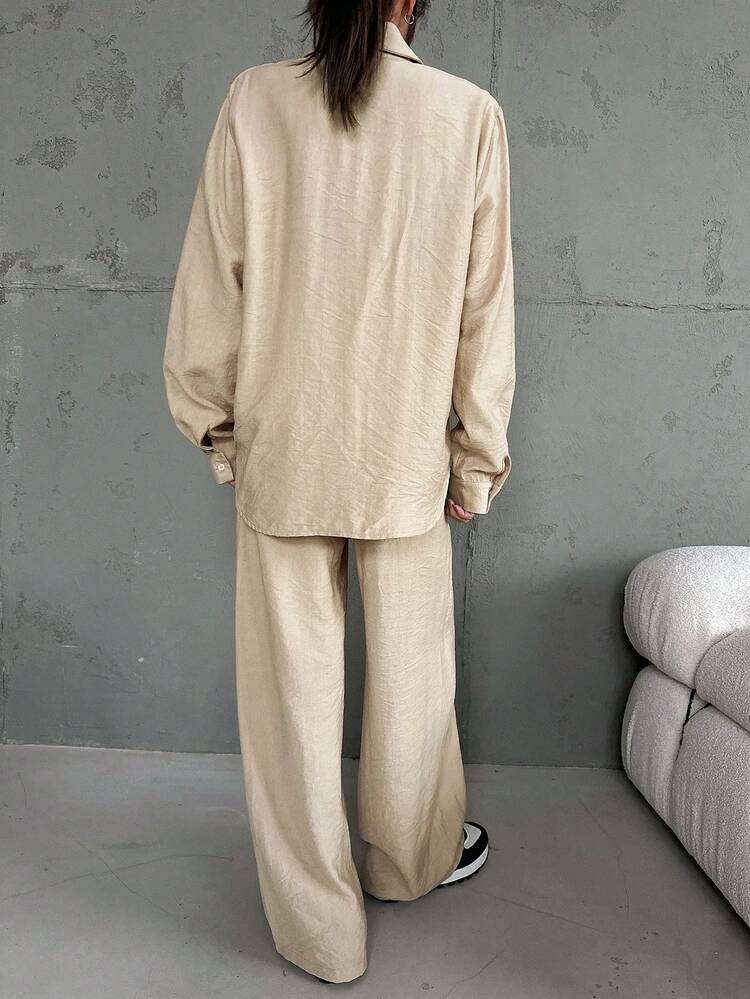 2pcs Women's Set: Loose Solid Color Shirt And Wide Leg Pants,Fall Women Clothes Lounge Sets For Women