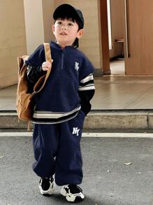 SHEIN Leap Crew 2pcs Kids Tween Boys Casual Letter Print Pullover Hoodie With Vest And Relaxed Fit Drawstring Sweatpants Set - Navy Blue - View 4