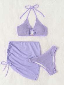 Swim Basics Summer Beach 3packs Textured Ring Linked Bikini With Beach Skirt