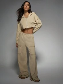 MISSGUIDED Distressed Hooded 2 Pcs Set Loose Wide Leg Loungewear Tracksuit Casual Matching Coordinates Lounging Set Cotton Blend Streetwear Coordinated Outfit - Apricot - View 1
