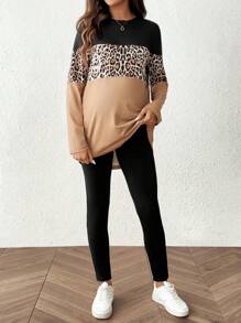 SHEIN 2pcs/Set Pregnant Women Heart & Leopard Print Round Neck Long Sleeve T-Shirt And Adjustable Waist Casual Pants