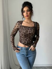 Chiquease 性感复古豹纹方领修身长袖 T 恤女款，秋冬款 - 深灰色 - 查看 3