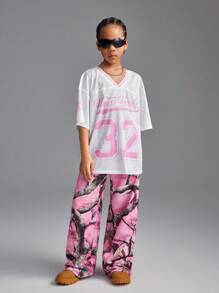 Coolane Kids Pantalón de chándal de pierna recta con estampado para niñas preadolescentes de primavera/verano, pantalón de chándal ancho de uso diario casual estilo Y2K
