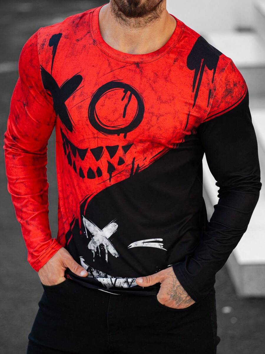 Manfinity Homme 男士卡通印花圆领长袖休闲T恤，秋季