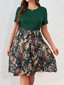 Vestido corto casual de talla grande para mujer, con estampado de parches, paisley y flores en verde, con cintura anudada, entallado y de línea A, para primavera/verano, uso diario, oficina y vacaciones - Multicolor - Ver 1