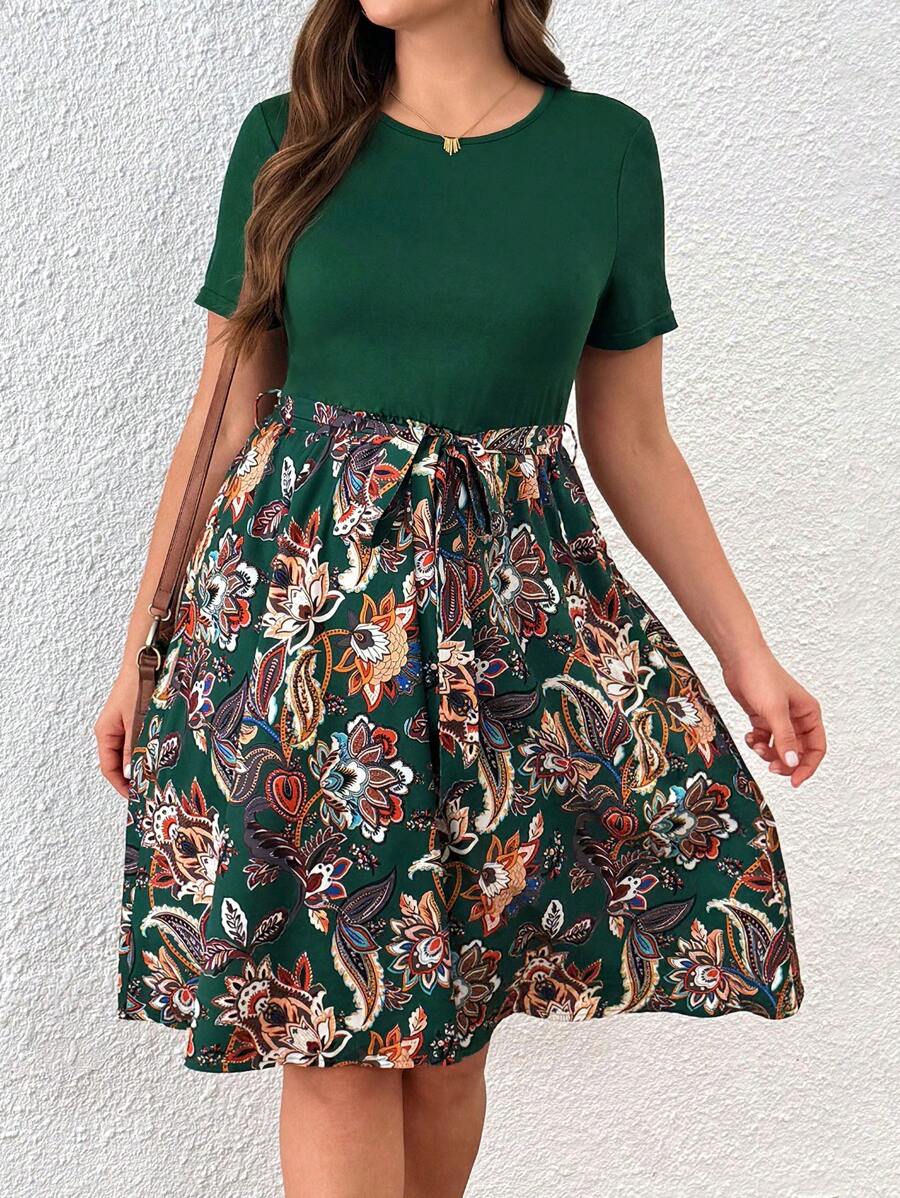 Vestido corto casual de talla grande para mujer, con estampado de parches, paisley y flores en verde, con cintura anudada, entallado y de línea A, para primavera/verano, uso diario, oficina y vacaciones - Multicolor - Ver 1