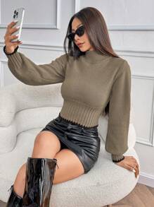 Calvaya Casual Fitted High Neck Long Sleeve Color Block Ribbed Trim Knit Sweater, Women, Khaki, Autumn/Winter