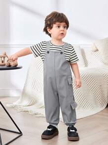 SHEIN Casual Sports Stylish Pockets Letter Printed Overalls For Toddler Boys/Girls, Suitable For Spring & Summer Wear, Indoor & Outdoor - Grey - View 5