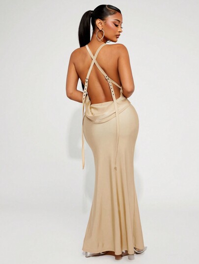 SHEIN SXY Vestido elegante de satén champán dorado estilo columpio con cuello grande y espalda descubierta, muy largo y con cola de pez, con adorno de herrajes, para fiestas, boda, San Valentín y Año Nuevo