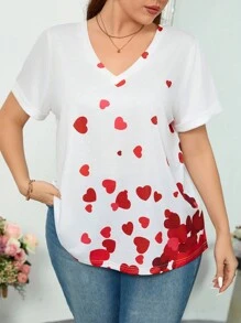 SHEIN Clasi Plus Size Valentine's Heart Print Short Sleeve T-Shirt