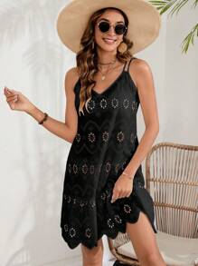 SHEIN Swim Summer Beach Ladies' Solid Color Hollow Out Embroidered Dress With Shawl Music Festival