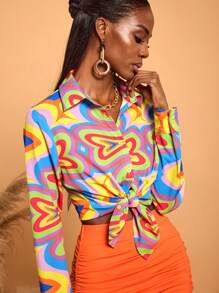 Abeille Creations Designer Boho Bohemian Women's Business Casual Vacation Multicolor Geometric Print Long Sleeve Shirt, For Going Out, Spring & Summer, Beach, Festival, Ibiza Fits, Office - Multicolor - View 3