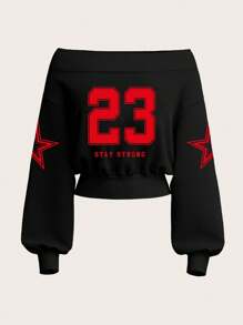 Jersey corto informal de hombros descubiertos con estampado de estrella de cinco puntas, de manga larga - Negro 2 - Ver 4