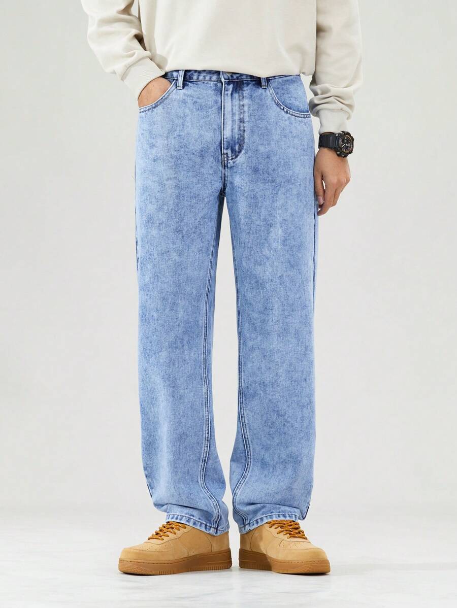 Manfinity EZcore 大码男士休闲直筒宽松牛仔裤，带口袋 - 藍色 - 查看 1