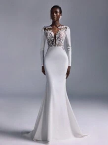 Elitara 优雅迷人的象牙色性感露背贴花刺绣蕾丝拼接弹力针织美人鱼裙，带拖尾，适合婚礼、单身派对、节日、宴会、新娘