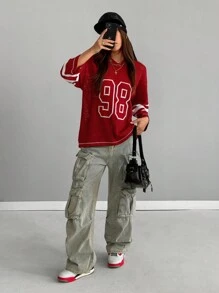 Coolane Jersey oversize de punto con rayas y estampado de números de manga 3/4 como cubridor, para primavera/verano, para el Día de San Valentín/Nochevieja