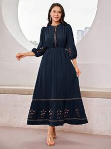 Seusyu 女士优雅刺绣灯笼袖长裙 - 藏蓝色 - 查看 8