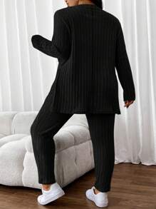 SHEIN CURVE+ 2pcs Curve Plus Size Women Knitted Ribbed Texture Loungewear Set, Casual & Comfortable For Autumn/Winter - Black - View 2