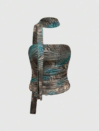 J-Fashion Blusa transparente con estampado animal de textura retro, estilo bohemio chic de verano para mujer