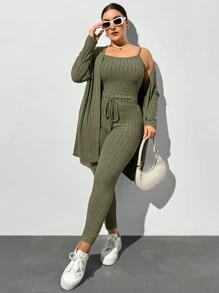 SHEIN Essnce Plus Size Women's Autumn And Winter Casual Comfortable Loose Green Brushed Fabric Suspenders And Trousers And Long Cardigan Jacket Three Pieces Set, Autumn Women's Clothing, Pants Sethomecoming, Airport Women's Clothing, Women's Set - Army Green - View 6