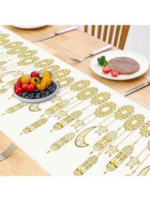 1 pièce Tapis de table en lin doré imprimé pour Ramadan, décoration de fête pour l'intérieur et l'extérieur