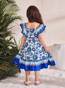 Kleine Mädchen Figurbetontes Lässig Kleid mit Blumenmuster, Rundhalsausschnitt, Rüschenärmeln - Blau - Übersicht 7