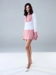 SHEIN Unity 拼色条纹拼接大袖口长袖衬衫裙，情人节装 - 粉色 - 查看 7