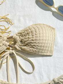 2pcs/Set Women Metallic Material Bandeau Top And Side Tie Swimwear Bottoms Bikini Set, Beach Outfit Summer