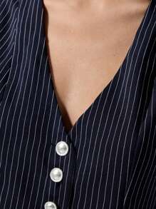 LYSMO Conjunto de traje casual de mujer con chaleco de un solo pecho a rayas y pantalones plisados en otoño/invierno