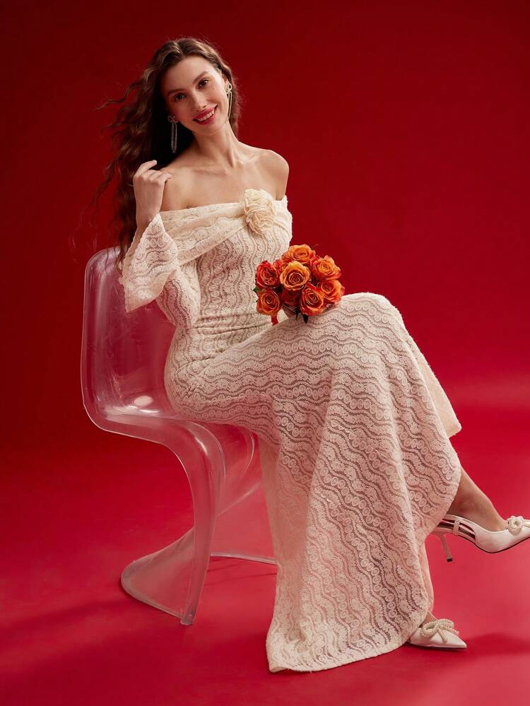 VESTIDO CON CORTE SESGADO DE HOMBROS DESCUBIERTOS FLORAL ESTÉREO, ATUENDO PARA EL DÍA DE SAN VALENTÍN