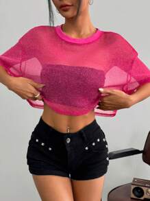 SHEIN EZwear 女士纯色圆领短袖透明简约休闲衬衫 - 玫紅色 - 查看 4