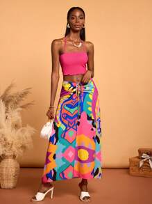 Abeille Creations Designer Boho Bohemian Summer Colorful Abstract Print Chiffon Drawstring Long Skirt, Going Out, Vacation, Beach, Festival, Ibiza Fits - Multicolor - View 7